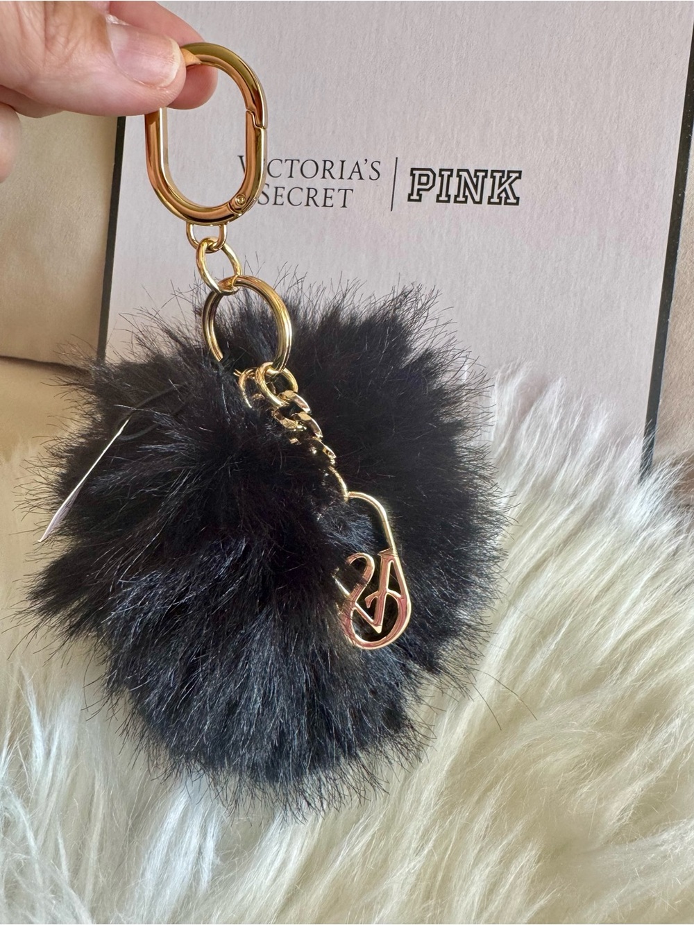 PINK Victoria's Secret Black Faux Fur Pom Keychain with Gold Hardware
